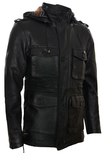 INFINITY MEN'S BLACK LEATHER CLASSIC HOODED OVERCOAT TRENCH MULTI-POCKET JACKET