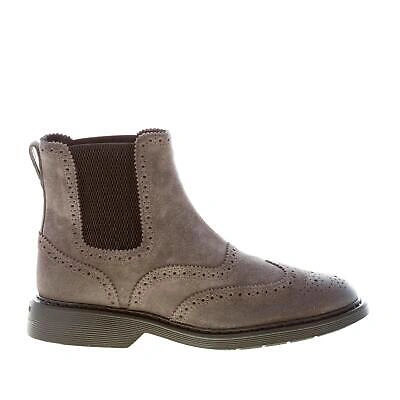 HOGAN HOGAN MEN SHOES GREY SUEDE CHELSEA BOOT H576 WITH CLASSIC BROGUES DETAILING