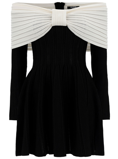Balmain Mini Black Dress With Off-the-shoulder Bow Neckline In Textured Knit  Woman