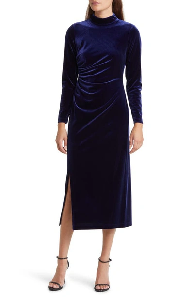 ANNE KLEIN RUCHED LONG SLEEVE VELVET DRESS