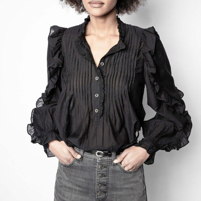 ZADIG & VOLTAIRE $378 ZADIG & VOLTAIRE TIMMY TOMBOY RUFFLED TUNIC BLOUSE SHIRT BLACK SIZE S