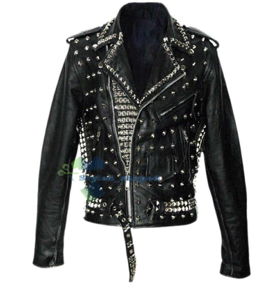 HANDMADE PHILIPP PLEIN BLACK FULL STUDDED BRANDO BIKER LEATHER JACKET,GIACCA DA UOMO