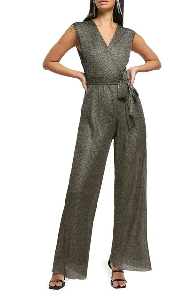 RIVER ISLAND RIVER ISLAND METALLIC STRAIGHT LEG PLISSÉ JUMPSUIT