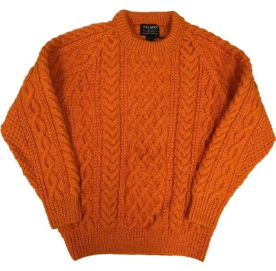 FILSON FILSON WOOL FISHERMAN'S SWEATER 20205484 ORANGE FLAME SCOTTISH CABLE HAND KNIT