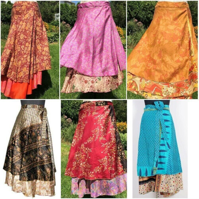 VINTAGE VINTAGE SILK SARI MAGIC WRAP AROUND SKIRTS BEACH WEAR REVERSIBLE WARP SKIRT 50PC