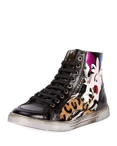 SAINT LAURENT ANTIBES PATCHWORK LEATHER HIGH-TOP SNEAKER, MULTICOLOR