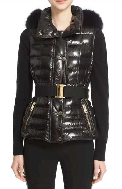 BURBERRY BURBERRY WILLOWBANK BLACK QUILTED HOODED DOWN GENUINE FOX FUR VEST SIZE M