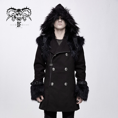 DEVIL FASHION DEVIL FASHION BLACK MEN GOTHIC PUNK WINTER HOODED COAT WITH DETACHABLE ACCESSORY