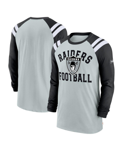 NIKE MEN'S NIKE SILVER, BLACK LAS VEGAS RAIDERS CLASSIC ARC RAGLAN TRI-BLEND LONG SLEEVE T-SHIRT