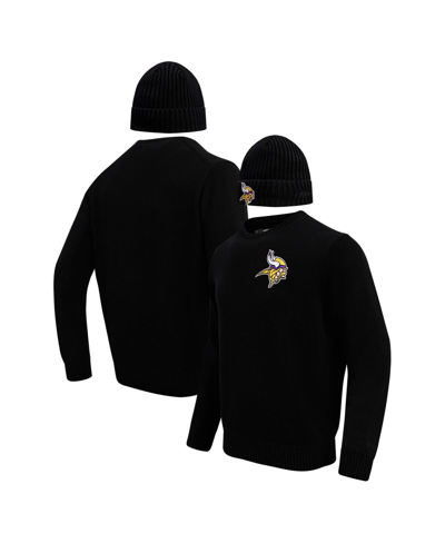 PRO STANDARD MEN'S PRO STANDARD BLACK MINNESOTA VIKINGS CREWNECK PULLOVER SWEATER AND CUFFED KNIT HAT BOX GIFT SE