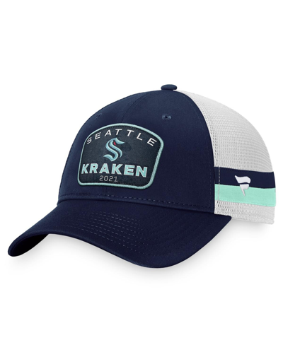 FANATICS MEN'S FANATICS DEEP SEA BLUE, WHITE SEATTLE KRAKEN FUNDAMENTAL STRIPED TRUCKER ADJUSTABLE HAT