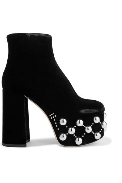 MIU MIU STUDDED VELVET PLATFORM BOOTS
