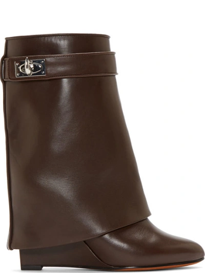 GIVENCHY Brown Leather Shark Lock Wedge Boots