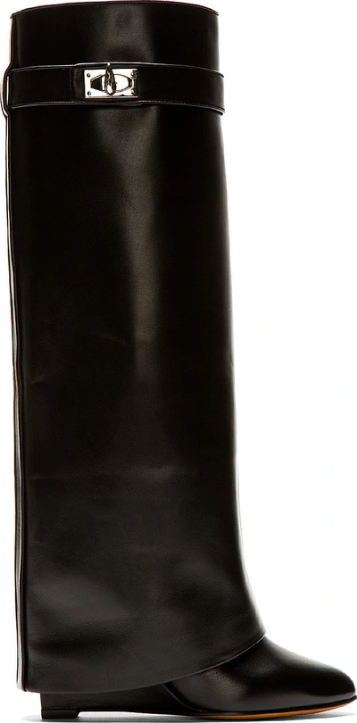 GIVENCHY Black Leather Shark Lock Wedge Boots