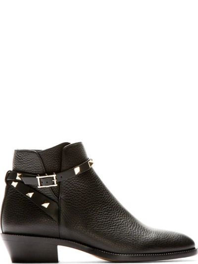 VALENTINO GARAVANI Black Leather Rockstud Strapped Ankle Boots