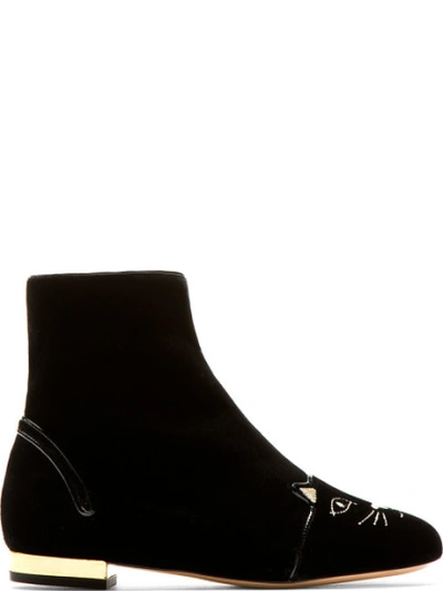 CHARLOTTE OLYMPIA Black Velvet Puss In Boots Ankle Boots