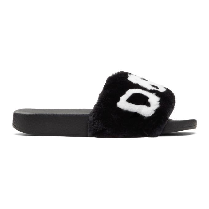 Shop Dolce & Gabbana Black & White Fur Logo Slides