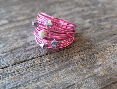 A BLONDE AND HER BAG MARCIA WIRE WRAP RING IN HOT PINK WITH GREY COMET SWAROVSKI CRYSTALS