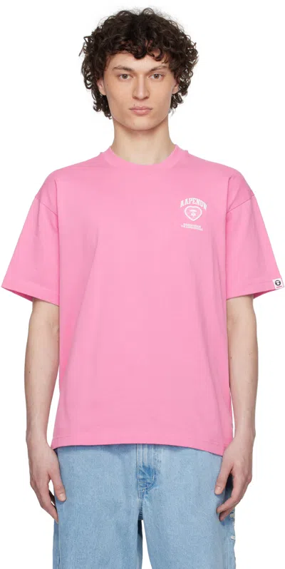 AAPE BY A BATHING APE PINK 'AAPE NOW' MOONFACE HEART LOGO T-SHIRT