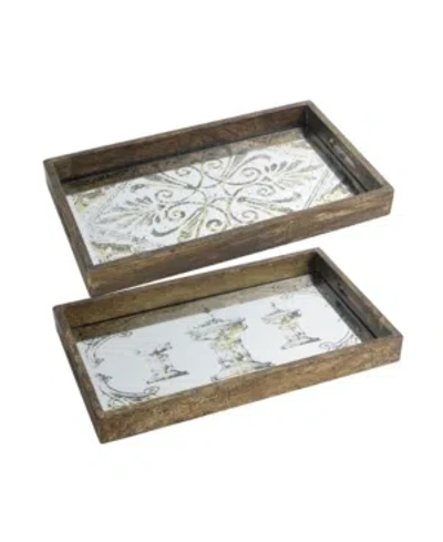 AB HOME GRETA RECTANGULAR GLASS & WOOD TRAYS, LARGE, SET OF 2