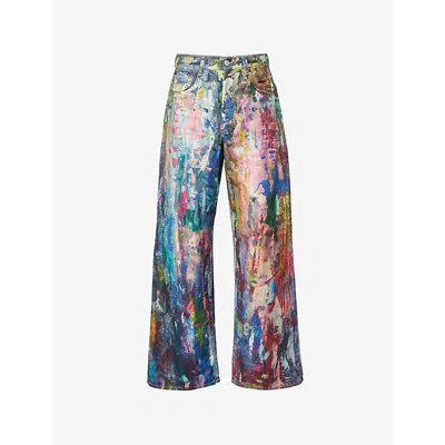 ACNE STUDIOS WOMENS BLUE MULTI 1981 PAINTED WIDE-LEG HIGH-RISE DENIM JEANS