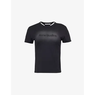 ACNE STUDIOS WOMENS FADED BLACK LOGO-EMBROIDERED ROUND-NECK COTTON T-SHIRT