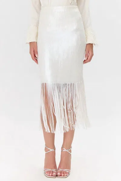 ADELYN RAE MILANA SEQUIN FRINGE MIDI SKIRT IN MATTE IVORY