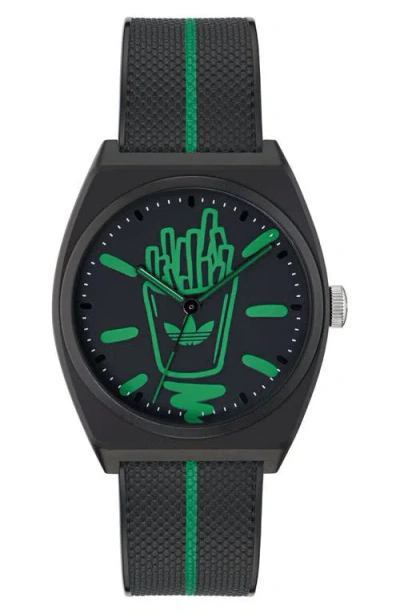 ADIDAS ORIGINALS ADIDAS AO STREET PROJECT 2 LOGO FRIES GRAPHIC RESIN STRAP WATCH, 38MM