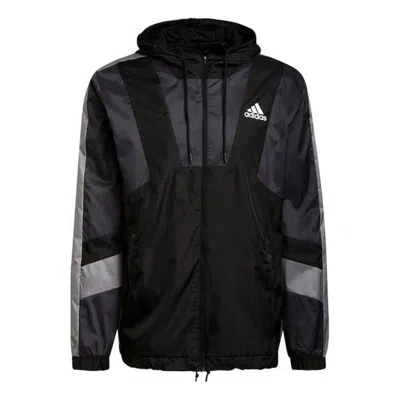 ADIDAS ORIGINALS Men's adidas Logo Printing Drawstring Hooded Zipper Sports Jacket Black