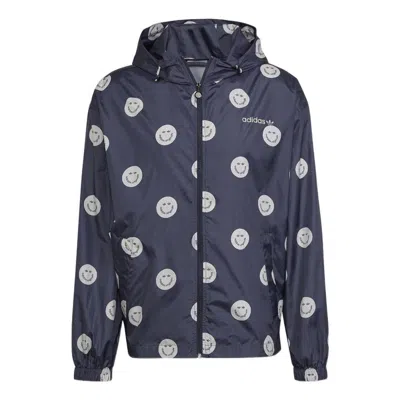 ADIDAS ORIGINALS Men's adidas originals Smiling Face Full Print Casual Hooded Track Jacket Deep Navy Blue