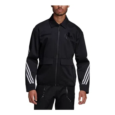 ADIDAS ORIGINALS Men's adidas Stripe Printing Logo Zipper Lapel Long Sleeves Jacket Black