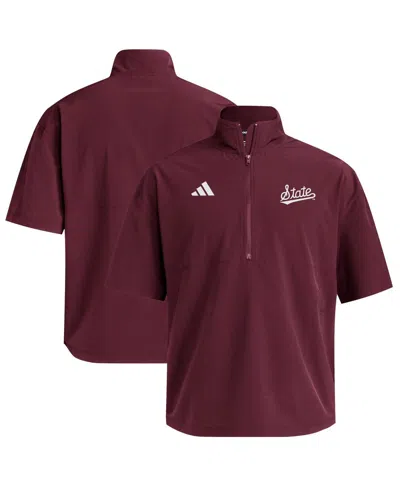 ADIDAS ORIGINALS MEN'S MAROON MISSISSIPPI STATE BULLDOGS WOVEN QUARTER-ZIP SHORT SLEEVE PULLOVER SWEATSHIRT