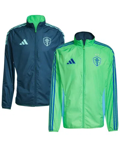 ADIDAS ORIGINALS MEN'S RAVE GREEN/BLUE SEATTLE SOUNDERS FC 2025 ANTHEM REVERSIBLE FULL-ZIP JACKET