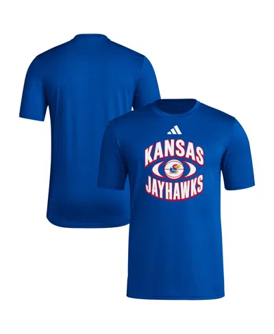 ADIDAS ORIGINALS MEN'S ROYAL KANSAS JAYHAWKS BASKETBALL ON COURT ORBIT PREGAME T-SHIRT
