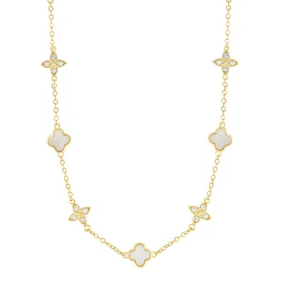 ADORNIA 14K GOLD PLATED MIXED MOTHER OF PEARL AND CZ CLOVER STATION NECKLACE