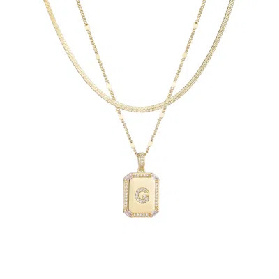 ADORNIA 14K GOLD PLATED PAVE TAG PENDANT AND HERRINGBONE CHAIN NECKLACE SET
