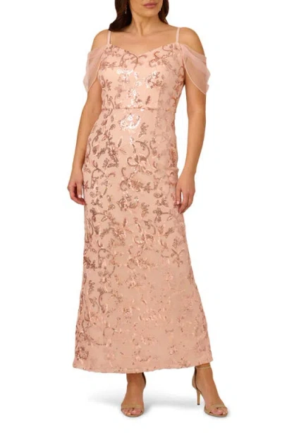 ADRIANNA PAPELL ADRIANNA PAPELL EMBROIDERED SEQUIN COLD SHOULDER GOWN