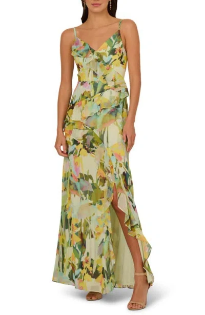 ADRIANNA PAPELL ADRIANNA PAPELL FLORAL CASCADE RUFFLE CHIFFON GOWN