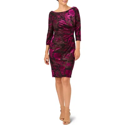 ADRIANNA PAPELL ADRIANNA PAPELL FLORAL METALLIC DRAPE BACK THREE-QUARTER SLEEVE MIDI BURNOUT VELVET SHEATH DRESS