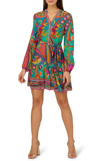 ADRIANNA PAPELL ADRIANNA PAPELL PRINT TIE WAIST LONG SLEEVE DRESS