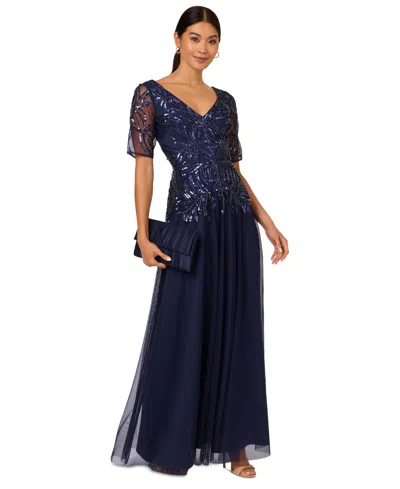ADRIANNA PAPELL WOMEN'S EMBELLISHED MESH V-NECK GOWN