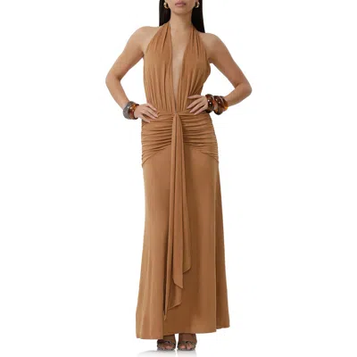 AFRM AFRM HEIDI PLUNGE HALTER NECK FAUX SUEDE MAXI DRESS