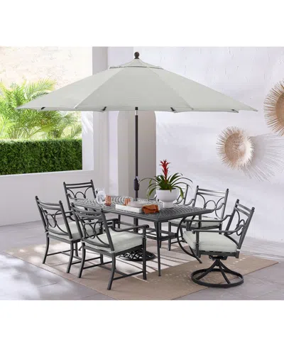 AGIO WYTHBURN OUTDOOR DINING 7PC SET (72"X 38" TABLE & 4 SCROLL DINING CHAIRS & 2 SCROLL SWIVEL CHAIRS), 