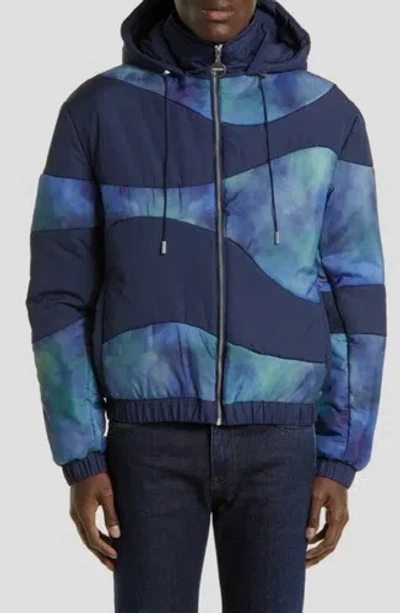 AHLUWALIA $1050 AHLUWALIA MEN'S BLUE SHAKTI PATCHWORK HOODED PUFFER JACKET SIZE L