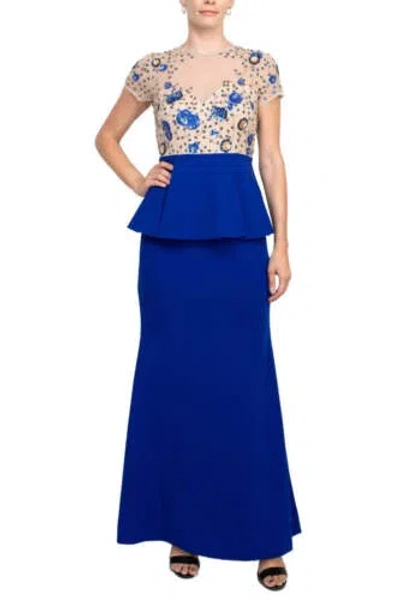 AIDAN MATTOX AIDAN MATTOX CREW NECK SHORT SLEEVE ILLUSION ZIPPER BACK RUFFLED EMBROIDERED