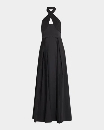 AIDAN MATTOX CUTOUT PLEATED MIKADO HALTER GOWN