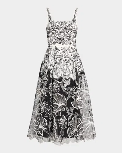 AIDAN MATTOX SLEEVELESS FLORAL-EMBROIDERED MIDI DRESS