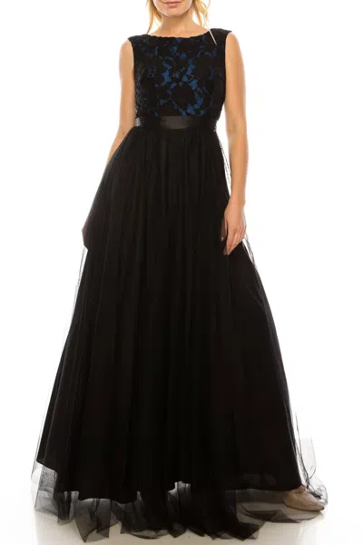 AIDAN MATTOX SLEEVELESS FLORAL LACE BODICE DRESS IN BLACK INDIGO