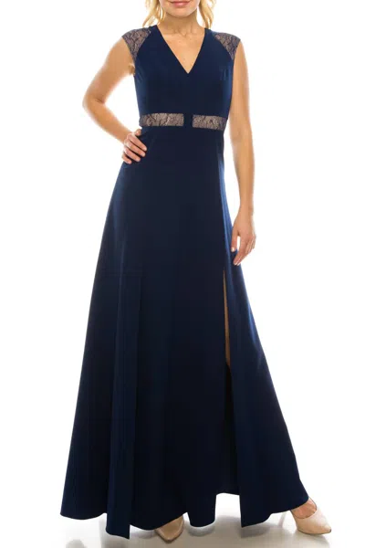 AIDAN MATTOX SLEEVELESS LACE DETAIL EVENING DRESS IN NAVY