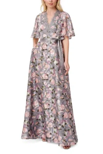 AIDAN MATTOX AIDAN MATTOX V- NECK FLUTTER SHORT SLEEVES SATIN WAIST TIE BELT BACK ZIPPER